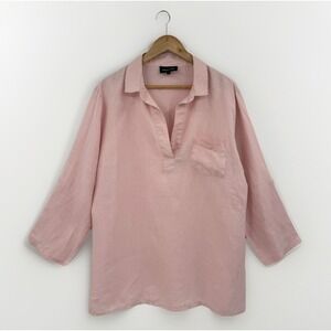 French Curve Linen Tunic Top Women's Size L Pink 3/4 Sleeve Relaxed Coastal